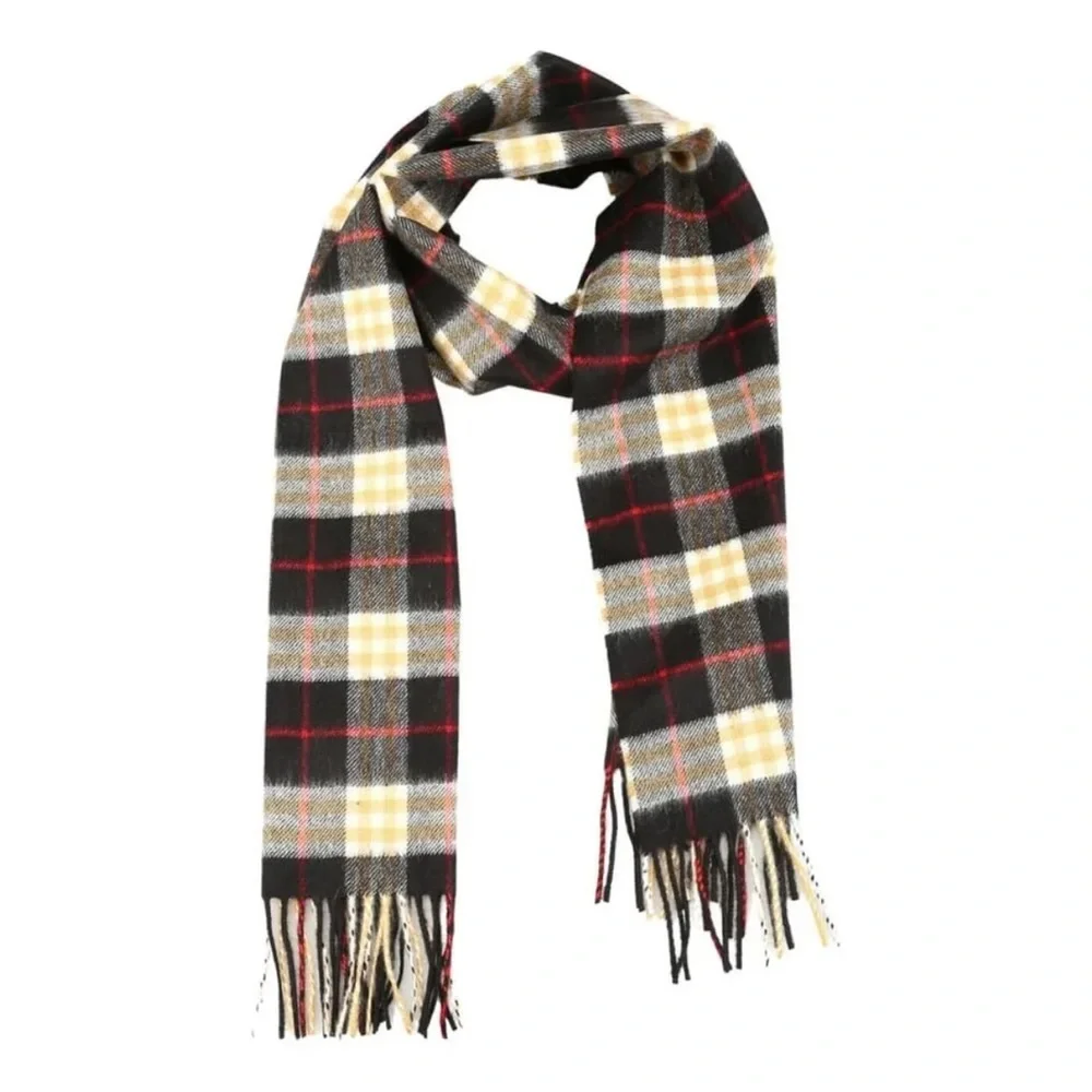 Burberry Cashmere Vintage Check Black Striped Logo Fringed Scarf